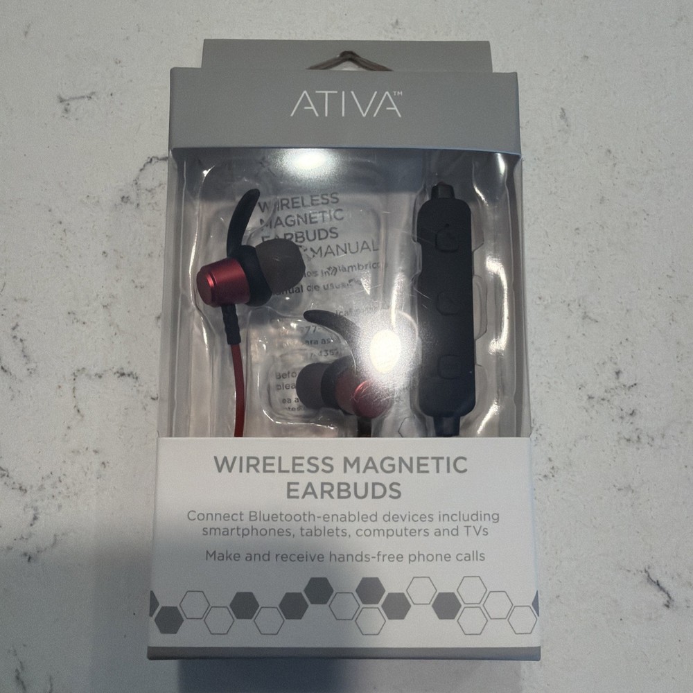 NEW: NIB Red Ativa Wireless Magnetic Earbuds, Hands Free Bluetooth