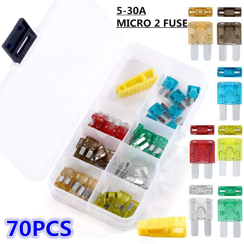 70PCS Micro2 Blade Fuse Assortment 5A 7.5A 10A 15A 20A 30A for Auto Car Van Bike