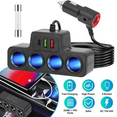 120W Car Charger 4 Socket 3 USB [QC+PD Fast Charging] for Phone Laptop Tire Pump
