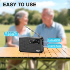 Mini AM FM Radio Battery Operated with Lanyard Black Portable Pocket Radio