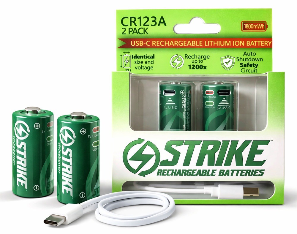 123A CR123A 2/3A Rechargeable Li-Ion Battery 2Pack with USB-C 3.7V 1800mWh BMS