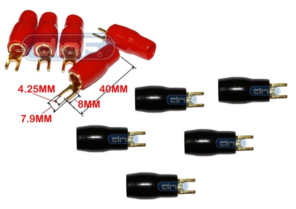 10 PACK 4 GAUGE COPPER 24K GOLD PLATED SPADE TERMINAL CONNECTOR 5 RED 5 BLACK #8