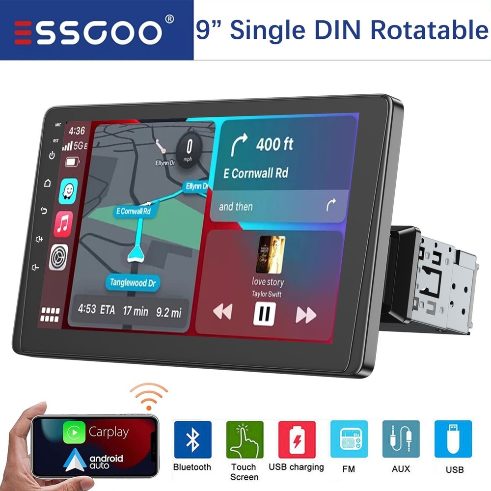 9″ Single 1DIN Rotatable Car Stereo MP5 Radio CarPlay Android auto Head Unit FM