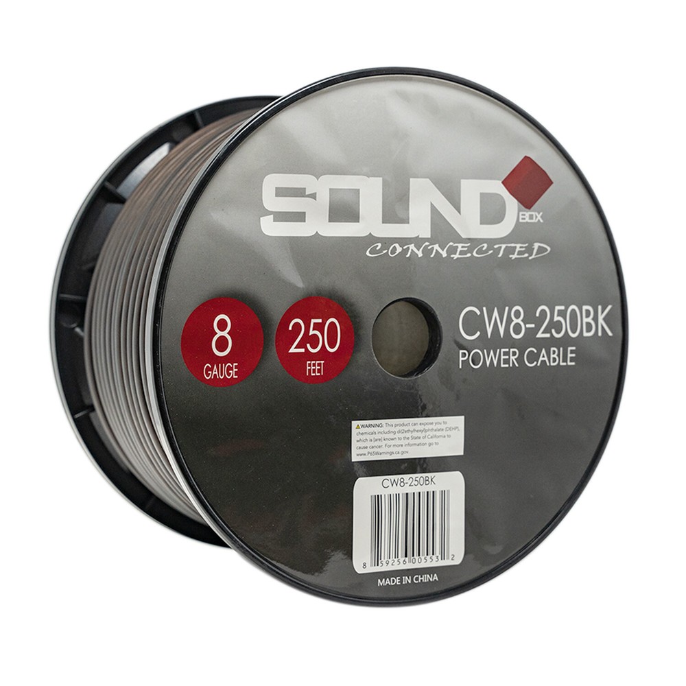 SoundBox CW8-250BK, 8 Gauge 250′ CCA Amplifier Power / Ground Amp Wire Spool