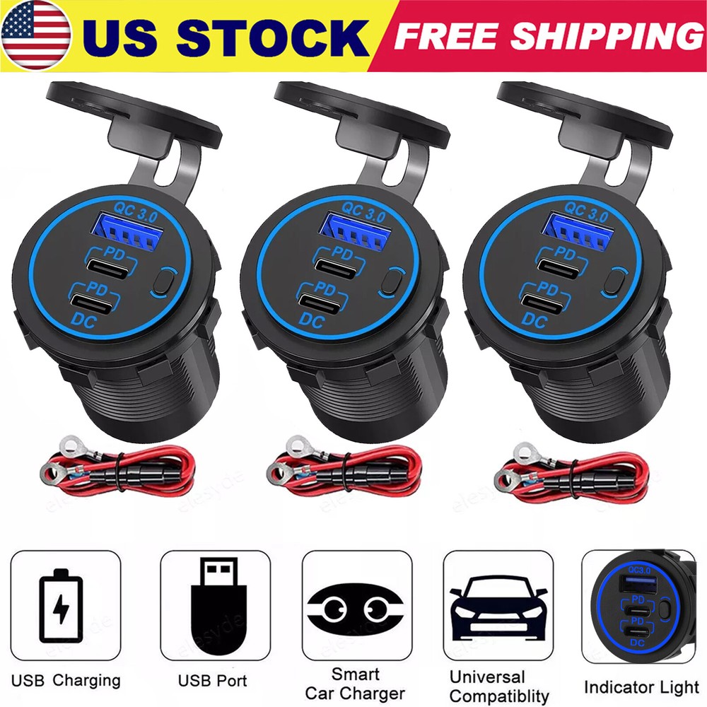 12-24V USB C 3 Port Fast Car Charger PD & QC3.0 Outlet Socket for Boat RV Marine