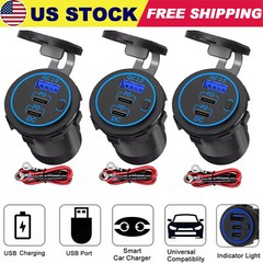 12-24V USB C 3 Port Fast Car Charger PD & QC3.0 Outlet Socket for Boat RV Marine
