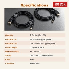 Mini HDMI to HDMI Cable 6FT 4K Set of 2 for Camera Camcorder DSLR Tablet to HDTV