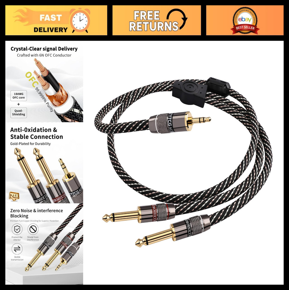 3.5mm TRS to Dual 6.35mm TS Y Splitter Cable, 1/8 to 1/4 Stereo Audio Cord, 6.56