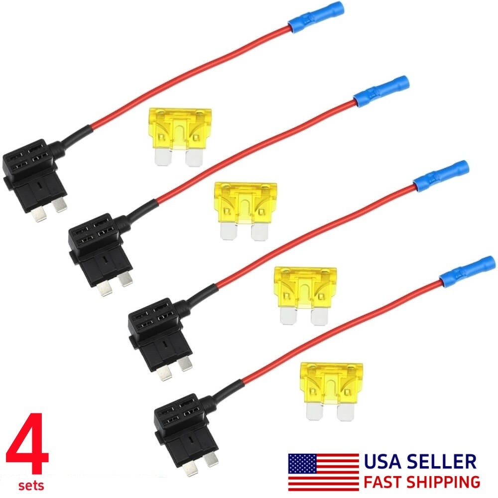 4 Sets Add-A-Circuit Fuse Holder Tap Adapter & 20A Standard ATO ATC Blade Fuses