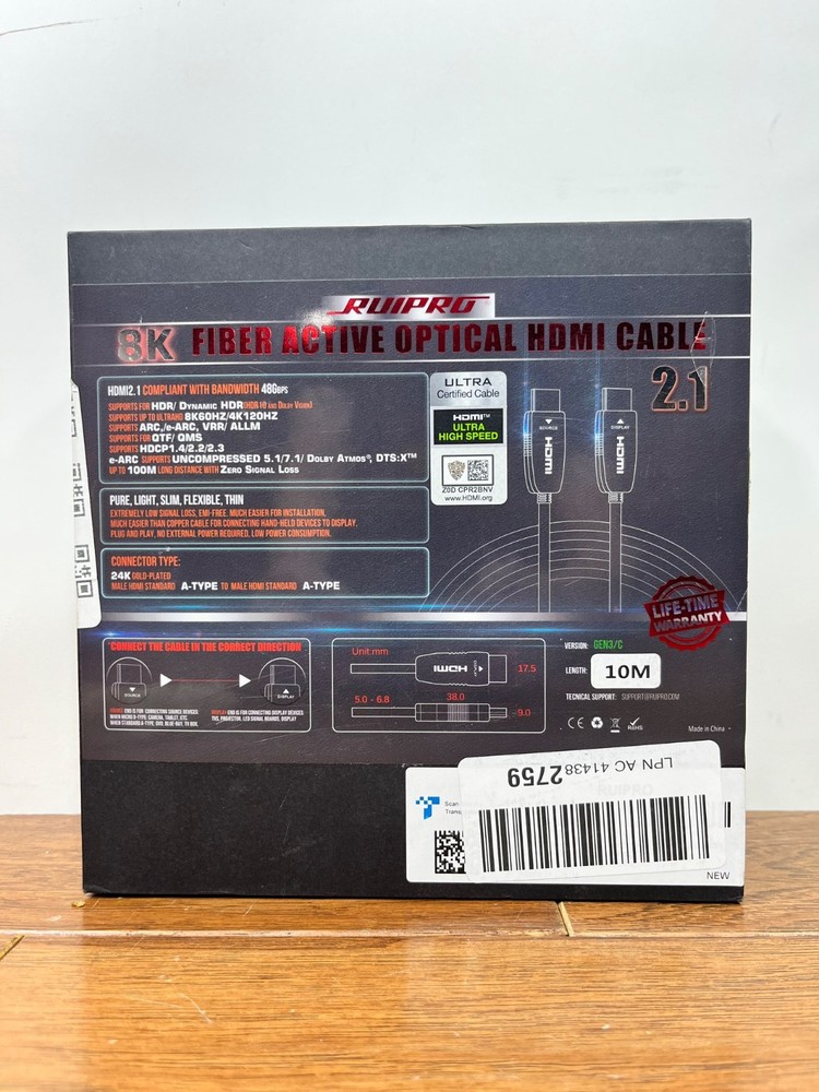 8K HDMI Ultra High Speed Latest 2.1b Certified Fiber Optic Cable CL2 Rated 33′