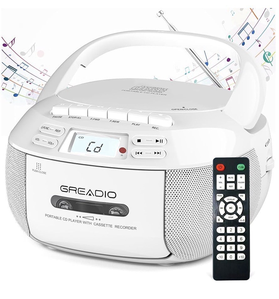 Greadio Boombox CD-X2A Player Cassette, Cd Bluetooth AM/FM Radio USB