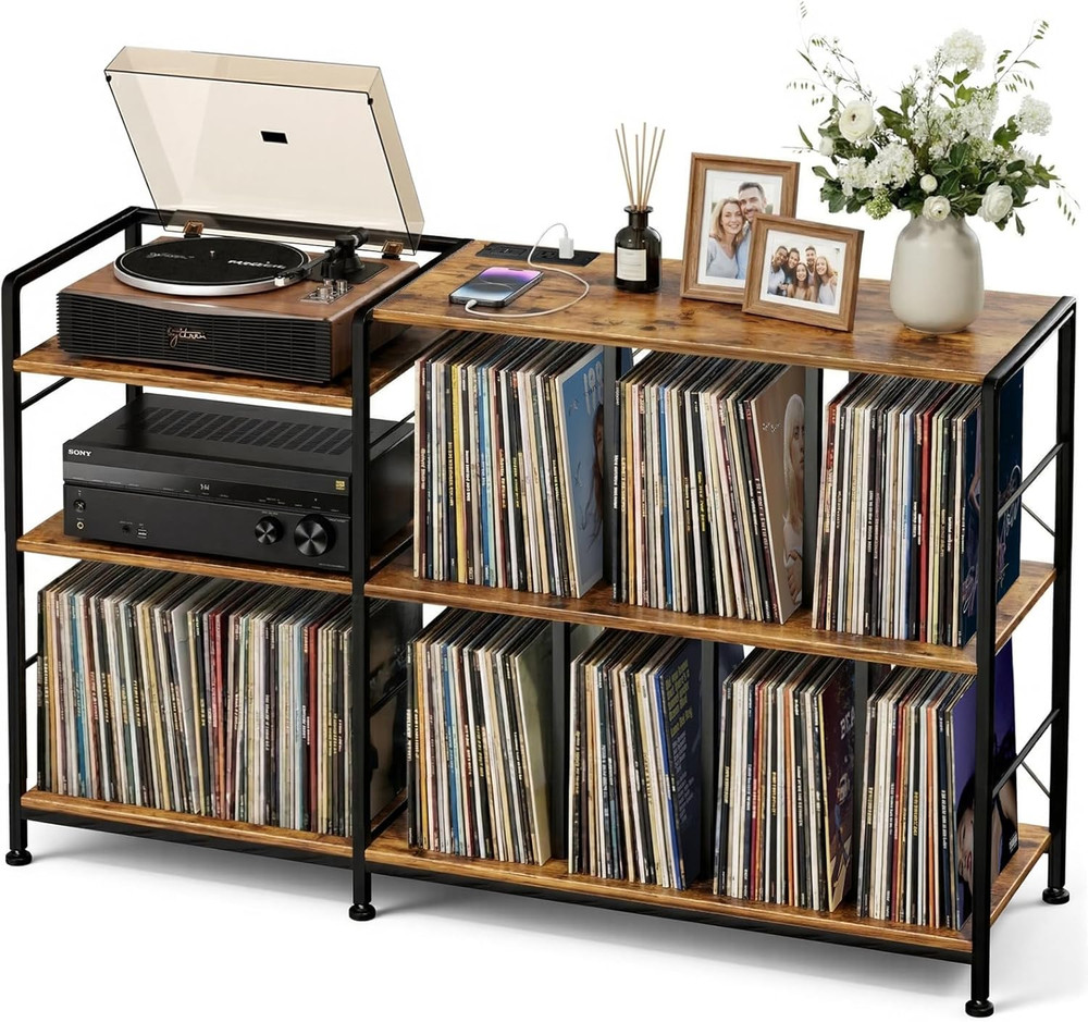 Vinyl Record Player Stand with Storage, Power Outlet, Rustic Brown Finish