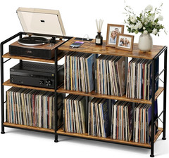 Vinyl Record Player Stand with Storage, Power Outlet, Rustic Brown Finish