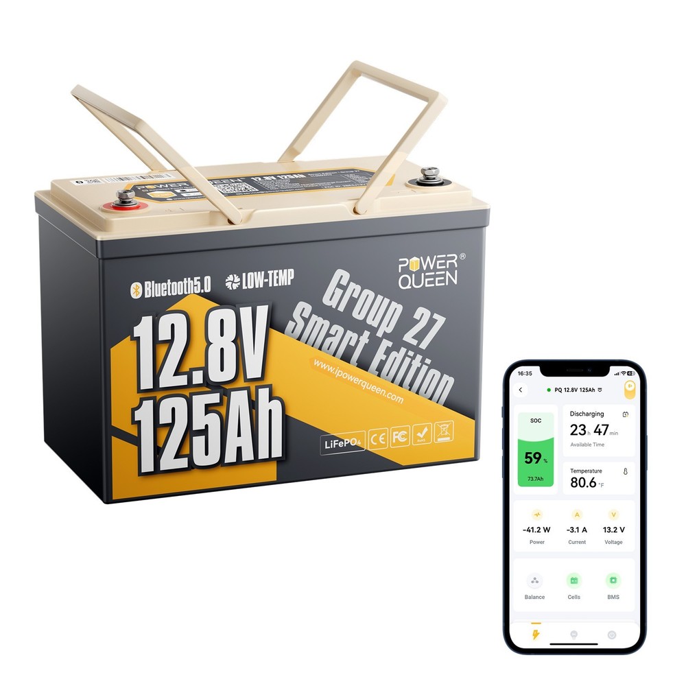 Used Power Queen 12V 125Ah Smart LiFePO4 Lithium Battery Deep Cycle Group 27