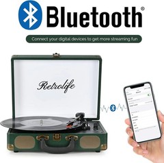 Vintage Dark Green Bluetooth Record Player – Portable 3-Speed Suitcase Turntable