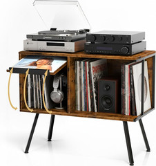 Vintage Flip Top Record Player Stand with Storage for 150+ Albums, Rustic Brown