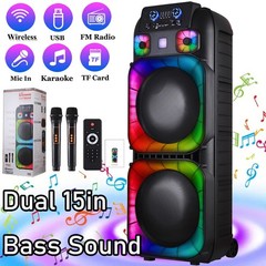Dual 15” Woofers Powerful Bass Sound Bluetooth Speaker w/ Mic LED Party Speaker