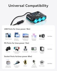 Cigarette Lighter Splitter, 120W Car Charger Adapter with USB & PD, 7 in 1 Multi