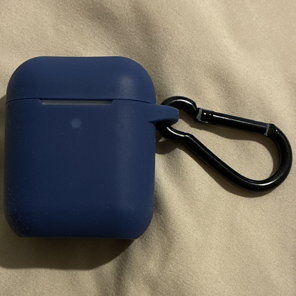 Blue Silicone Soft Case w/ Black Clip Carabiner for Apple AirPods 1st/2nd Gen