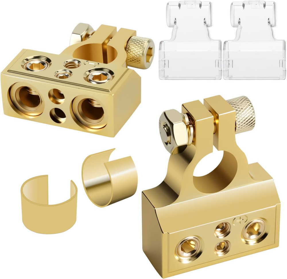 2 Pack Car Battery Terminal Connectors, 0/4/8/10 AWG, Gold, Car Cable Ends