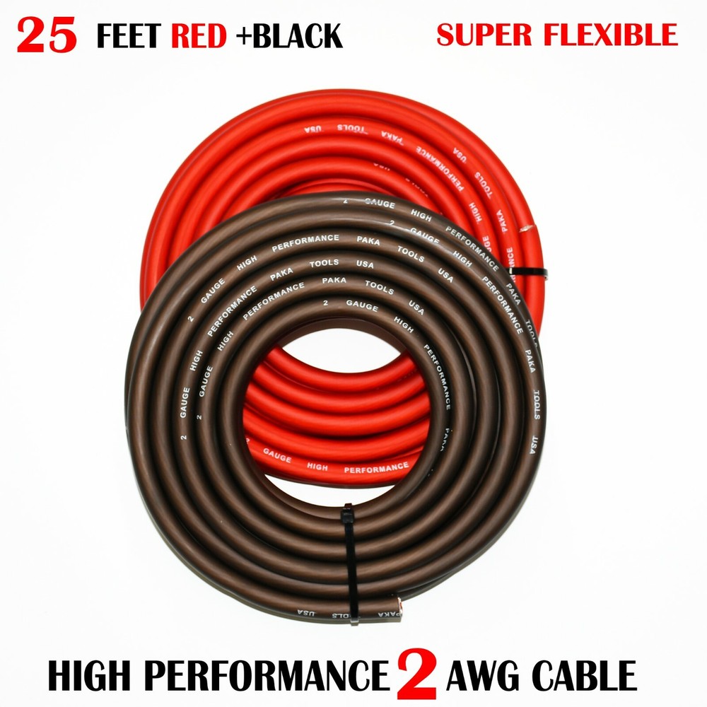 2 Gauge Wire BLACK/RED , Amplifier Power/Ground Amp Wire 25 Feet Cable Roll