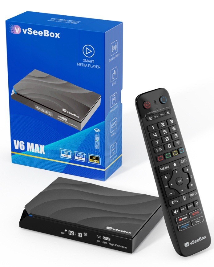vSeeBox V6 Max Android 14 TV Box with WiFi 6, Backlit Bluetooth Remote, 4GB+64GB