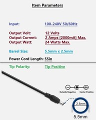 Universal AC Adapter 12V 2A Power Supply Charger 24W AC110V to DC12V 2000Ma 1500