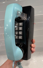 Vintage ITT Bell Telephone Wall Mount Push Button Black & Robins Egg Blue -COOL!