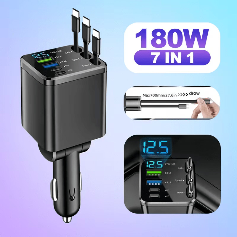 7-in-1 Retractable Car Charger — Features 3 Retractable Type-C Cables, Fast Char