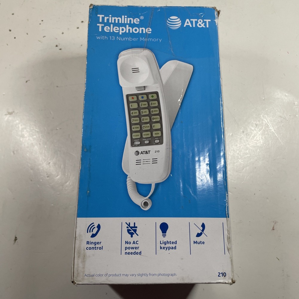 AT&T 210 Basic Trimline Corded Phone Single Line No AC Power Required White