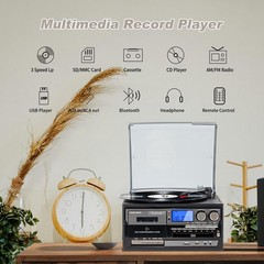 9-in-1 Vintage Bluetooth Record Player for Home Entertainment, 3-Speed Turnta…