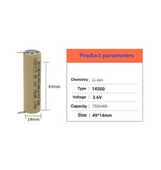 14500 750mAh 3.6V Lithium Ion Battery Centered Tabs Rechargeable Li-ion 49x14mm