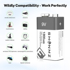 4-Count 9 Volt Battery 9V Block Rechargeable Batteries 1300mAh F smoke detectors