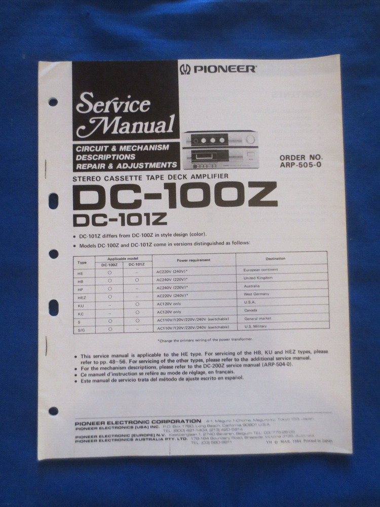 Pioneer DC-100Z DC-101Z Service Manual Factory Original The Real Thing