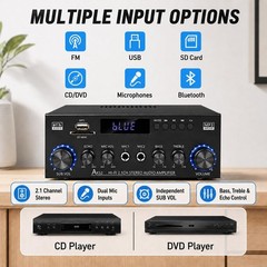 Bluetooth 5.0 Stereo Amplifier, 2.1 Channel 400W Home Audio Stereo Receiver for