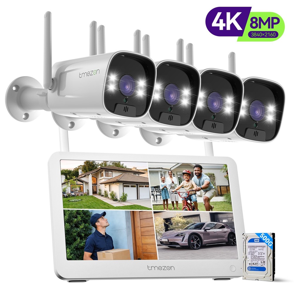 TMEZON 8MP 10CH WIFI NVR 12” Monitor Wireless Security Camera System Audio 500G