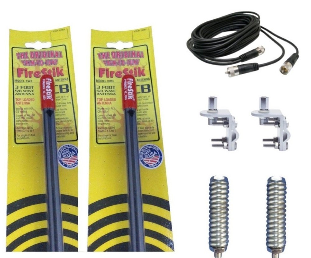 NEW 2 FIRESTIK 2 KW3 B 3FT BLACK CB ANTENNAS, 18FT DUAL COAX, MOUNTS & SPRINGS