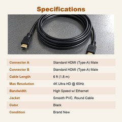 6FT HDMI Cable 4K High Speed for HDTV PS5 PS4 Xbox Series X Monitor Laptop Roku