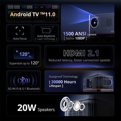 ETOE Whale Pro 4K Projector 1080p FHD Beamer,1500 ANSI,Auto Focus & Keystone