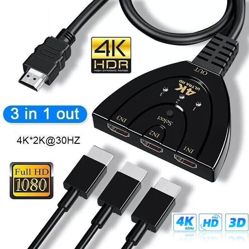 2FT-4K HDMI 2.0 Cable Auto Switch Switcher Splitter Adapter 3 In-1 Out Device