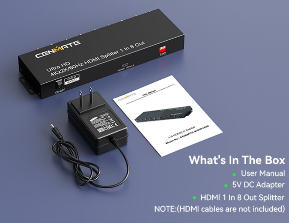HDMI Splitter 1 in 8 Out, 8 Port HDMI Splitter Support 4K@60Hz 4:4:4 8-bit Dupli