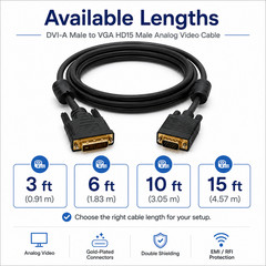 DVI-A Male to VGA HD15 Male Analog Video Cable – 3ft / 6ft / 10ft / 15ft