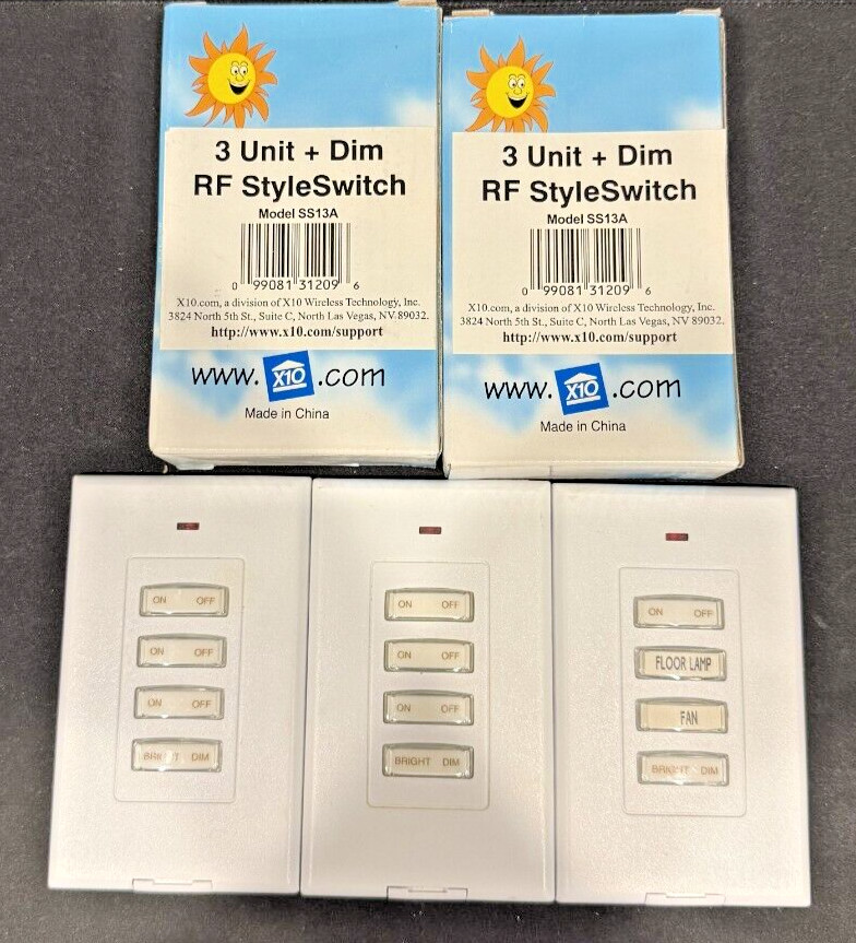 Lot Of 3 – Pre-Owned X-10 Wall Mountable 3 Unit + Dim RF Style Switch SS13A