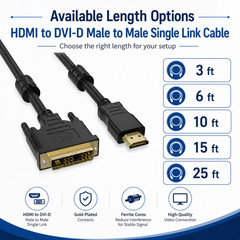 HDMI to DVI-D Male to Male Single Link Cable – 3ft / 6ft / 10ft / 15ft / 25ft