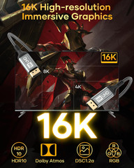 16K DisplayPort Cable 2.1 10FT, DP Cable Supports 8K@240Hz, 4K@540Hz 360Hz 240Hz