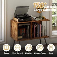 Flip-Top Record Player Stand Large Media Cabinet with Open Storage Rustic Brown