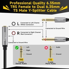 1/4 inch TRS Stereo Splitter Y Adapter, 6.35mm Stereo Female to Dual 6.35 mm