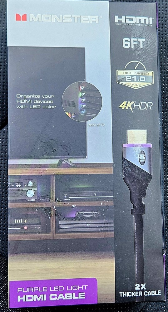 Monster MHV1-1026-PUR 6 Feet 4K HDR 21 Gbps Purple LED Light HDMI Cable