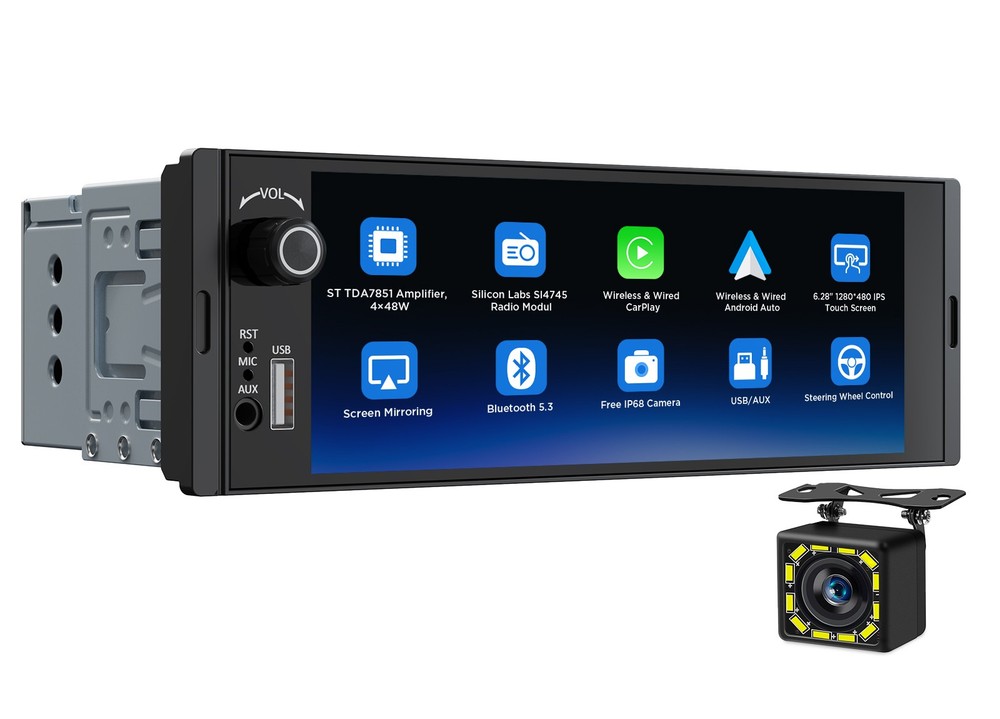 Single DIN Android Auto 6.28″ IPS Car Stereo Head Unit CarPlay RDS Universal GPS