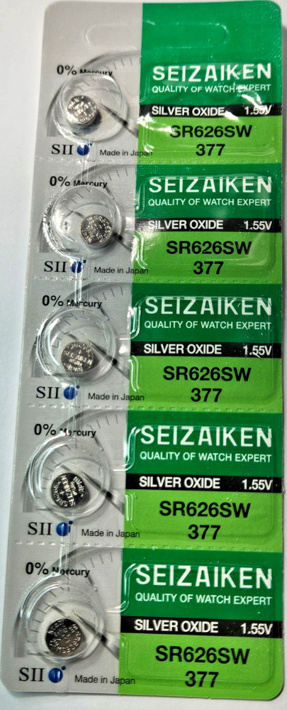 377 SEIKO/SEIZAIKEN 5PACK SILVER OX. 1.55V SR626SW (GREAT EXP 2032) FREE SHIP